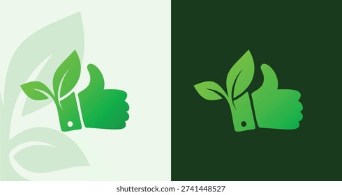 Green Thumbs Up Leaf Logo for Eco Quality Approval and Trust
