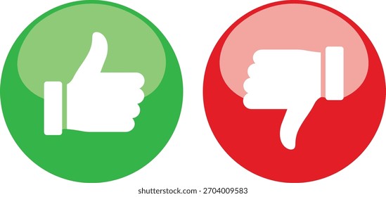 Pulgares verdes hacia arriba y pulgares rojos hacia abajo iconos sobre fondo blanco como disgusto