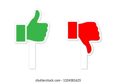 Green Thumbs up and red Thumbs down symbols on sticks isolated on white background. Vector design elements