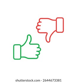Polegadas verdes para cima e polegares vermelhos para baixo contornos, representando aprovação e desaprovação.
