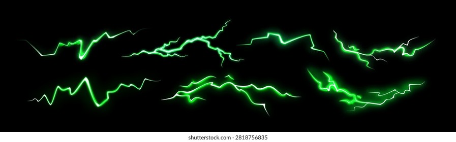 Green Thunder Light Effect Elements. Vector Energy Spark Bolt Power Illustration. Neon Lightning Storm Set. Abstract Electric Thunderbolts on Dark Background.