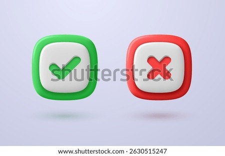 Green tick of approval and red cross of prohibition isolated on light background. Vector 3d illustration.