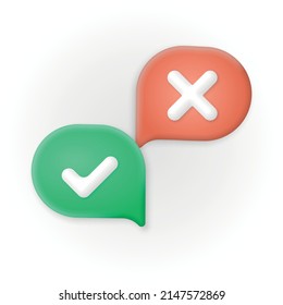Marca de verificación verde y símbolo de marca cruzada elemento icono en cuadrado, Sencillo ok sí sin diseño gráfico, símbolo de marca de verificación derecha aceptado y rechazado, representación 3D. Ilustración del vector