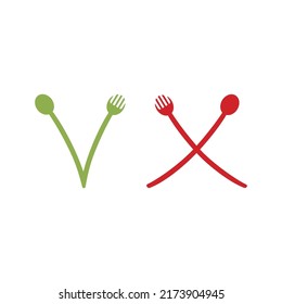 Green tick check mark and cross mark symbols icon element. Fork and spoon. Simple yes and no graphic design, checkmark symbol accepted and rejected, tasty and not tasty. Decision making.