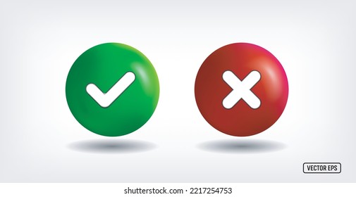 Green tick check mark and cross mark symbols icon element. Yes OR No graphic design, right check mark symbol accepted and rejected, 3D Vector illustration