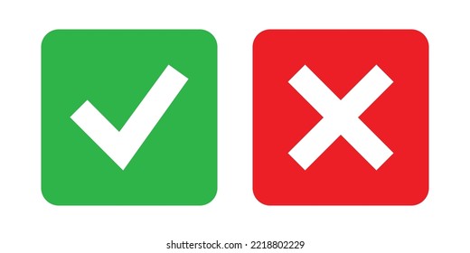 Green tick check mark and cross mark symbols icon element in square, Simple ok yes no graphic design, right checkmark symbol accepted and rejected, 3D rendering. Vector illustration. Vector