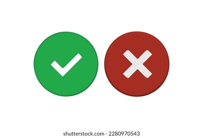 Marca de verificación verde y símbolo de marca cruzada elemento icono, Sencillo ok sí sin diseño gráfico, símbolo de marca de verificación derecha aceptado y rechazado, representación 3D. Ilustración vectorial.