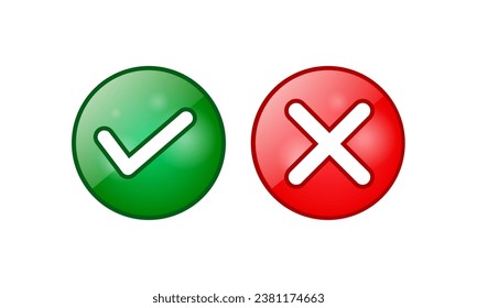 Das Symbol für grüne Häkchen und die Symbole für Kreuzmarken im Kreis, Einfach OK ja keine grafische Gestaltung, rechtes Markierungssymbol akzeptiert und abgelehnt, 3D-Darstellung.