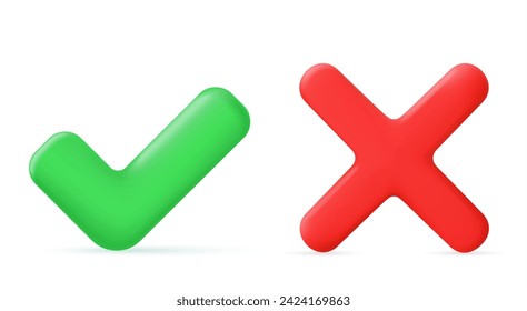 Green tick check mark and cross mark symbols icon element, Simple ok yes no graphic design, right checkmark symbol accepted and rejected, 3D rendering. Vector illustration