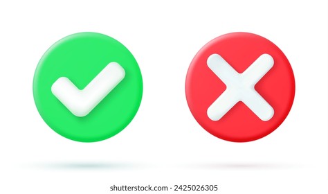 Marca de verificación verde y símbolo de marca de cruz elemento de icono, Simple ok sí no diseño gráfico, símbolo de marca de verificación derecha aceptado y rechazado, representación 3D. Ilustración de vector