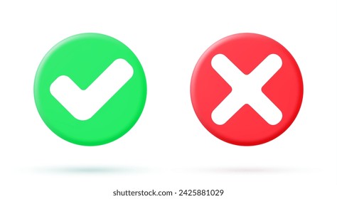 Green tick check mark and cross mark symbols icon element, Simple ok yes no graphic design, right checkmark symbol accepted and rejected, 3D rendering. Vector illustration