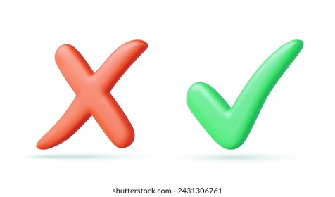 Green tick check mark and cross mark symbols icon element, Simple ok yes no graphic design, right checkmark symbol accepted and rejected, 3D rendering. Vector illustration