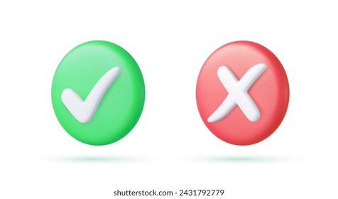 Marca de verificación verde y símbolo de marca de cruz elemento de icono en cuadrado, simple ok sí no diseño gráfico, símbolo de marca de verificación derecha aceptado y rechazado, representación 3D. Ilustración de vector