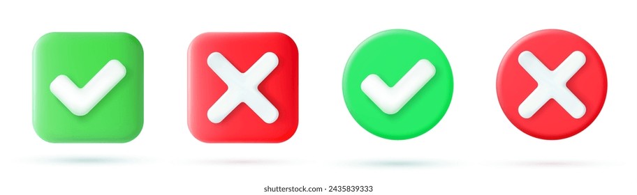 Green tick check mark and cross mark symbols icon element , Simple ok yes no graphic design, right checkmark symbol accepted and rejected, 3D rendering. Vector illustration