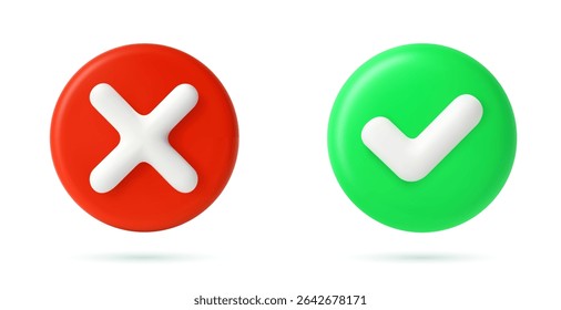 Green tick check mark and cross mark symbols icon element in square, Simple ok yes no graphic design, right checkmark symbol accepted and rejected, 3D rendering. Vector illustration