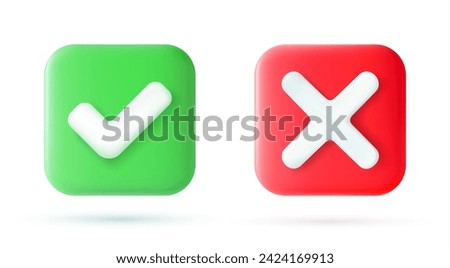 Green tick check mark and cross mark symbols icon element in square, Simple ok yes no graphic design, right checkmark symbol accepted and rejected, 3D rendering. Vector illustration