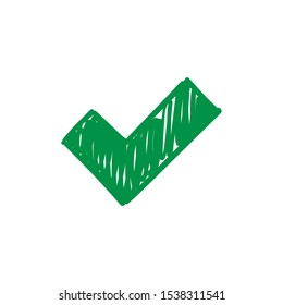 Green tick. Doodle checkmark vector. Hand drawn icon.