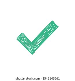 Green tick. Doodle checkmark vector. Hand drawn icon.
