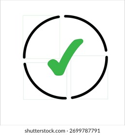 Icono de tick verde dentro de un círculo negro** Ilustración vectorial que simboliza confirmación, Aprobación, éxito o finalización. La vibrante marca de verificación verde se destaca claramente en contra 