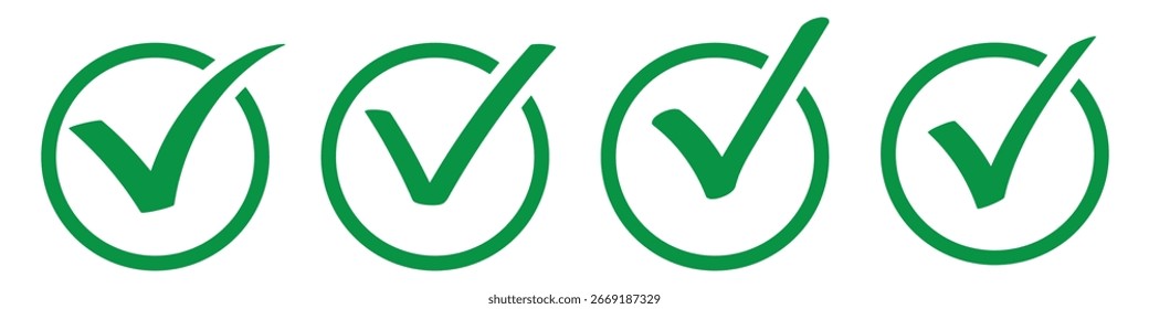 Icono de garrapata verde sobre fondo blanco. Conjunto de Vector de lista de comprobación aislado. Icono de garrapata verificado verde sobre fondo blanco aislado. Conjunto de iconos de marca de verificación aprobada de 4. EPS 10. 