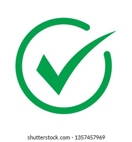 Green tick icon vector symbol, checkmark isolated on white background, checked icon or correct choice sign, check mark or checkbox pictogram