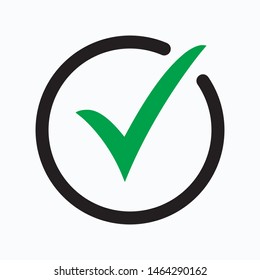 Green tick icon vector symbol, checkmark isolated on white background, checked icon or correct choice sign, check mark or checkbox pictogram