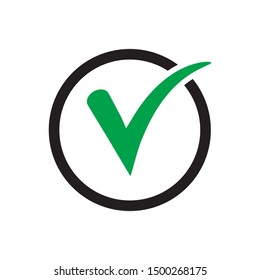 Green tick icon vector symbol, checkmark isolated on white background, checked icon or correct choice sign, check mark or checkbox pictogram