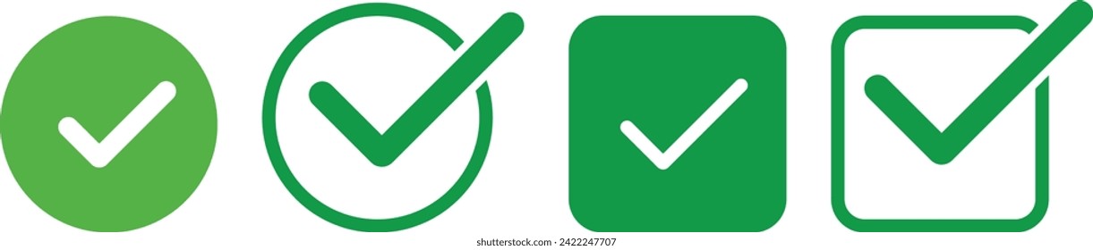 Green tick icons collection. Flat round check mark green icon, button. Tick symbol isolated on white background. Vector illustration