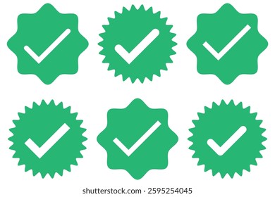 Green tick icons collection. Flat round check mark green icon, button. Tick symbol isolated on white background.  1176
