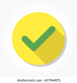 green tick mark or check mark on yellow circle in flat design with shadow effect