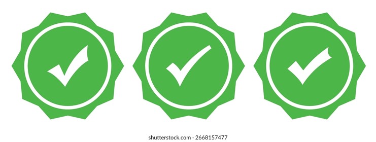 Icono de marca de verificación verde. Iconos aislados del Vector de la insignia aprobados. Marca de verificación de Vector verde. Símbolo de signos de sello de insignia. Insignia de protección. Marca verde, icono de marca de verificación.