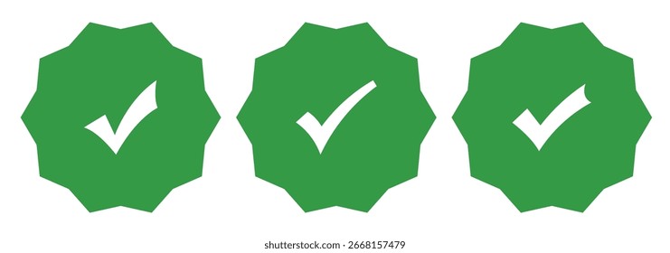 Green tick mark icon. Approved badge vector isolated icons. Green vector check mark. Badge stamp signs symbol. Protect badge. Green tick, checkmark icon.