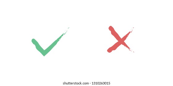 green tick and red cross check marks, hand drawn grungy icons