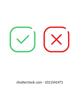 Green tick and red cross checkmarks icons set. Vector illustration in flat style.