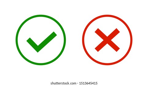 Green tick and red cross checkmarks line icons in flat style. Check mark symbol isolated on white. Simple yes and no color icon set. Vector illustration for graphic design, Web, UI, mobile app.