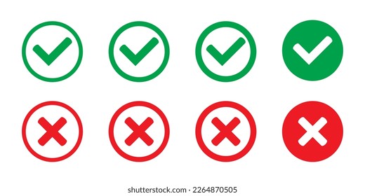 Green tick and red cross checkmarks in circle flat icons. Yes or no line symbol, approved or rejected icon for user interface.