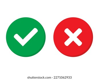 Green tick and red cross checkmarks in circle flat icons. Yes or no line symbol, approved or rejected icon for user interface.