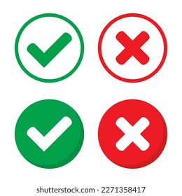 Green tick and red cross checkmarks in circle flat icons. Yes or no line symbol, approved or rejected icon for user interface.