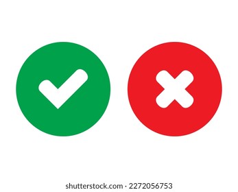 Marcas de verificación cruzadas verdes de garrapatas y rojas en iconos planos de círculo. Símbolo de línea, icono aprobado o rechazado para la interfaz de usuario.