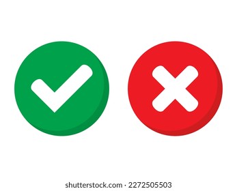 Marcas de verificación cruzadas verdes de garrapatas y rojas en iconos planos de círculo. Símbolo de línea, icono aprobado o rechazado para la interfaz de usuario.