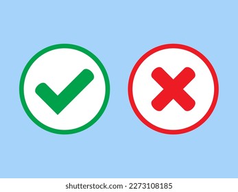 Marcas de verificación cruzadas verdes de garrapatas y rojas en iconos planos de círculo. Símbolo de línea, icono aprobado o rechazado para la interfaz de usuario.