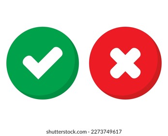 Green tick and red cross checkmarks in circle flat icons. Yes or no line symbol, approved or rejected icon for user interface.