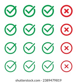 Marcas de verificación cruzadas verdes de garrapatas y rojas en iconos planos de círculo. Símbolo de línea, icono aprobado o rechazado para la interfaz de usuario.