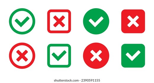 Las marcas de verificación cruzadas verdes y rojas marcan iconos planos. Símbolo Sí o no, icono aprobado o rechazado para la interfaz de usuario.