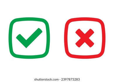 Marcas de verificación cruzadas verdes de garrapatas y rojas en iconos planos. Símbolo Sí o no, icono aprobado o rechazado para la interfaz de usuario.