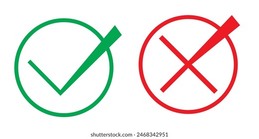 Green tick and red cross checkmarks in circle icons. Flat vector icon. Checkmark icon set. vector illustration.