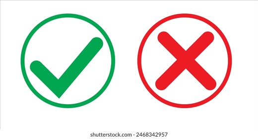 Marca de verificación verde y cruz roja en iconos de círculo. Vector plano. Conjunto de iconos de marca. Ilustración vectorial.
