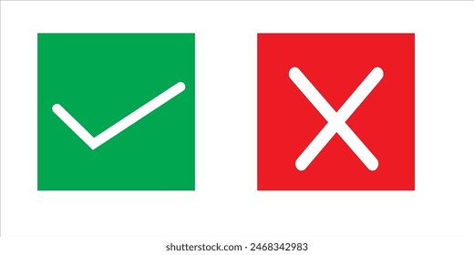 Green tick and red cross checkmarks in circle icons. Flat vector icon. Checkmark icon set. vector illustration.