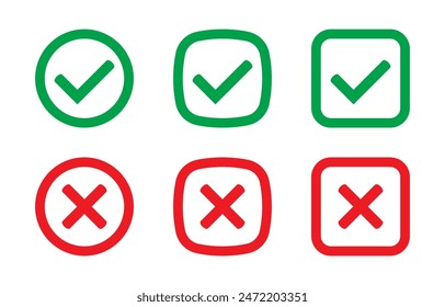 Green tick and red cross checkmarks. Yes or no symbol, approved or rejected icon. Right or wrong icons. 