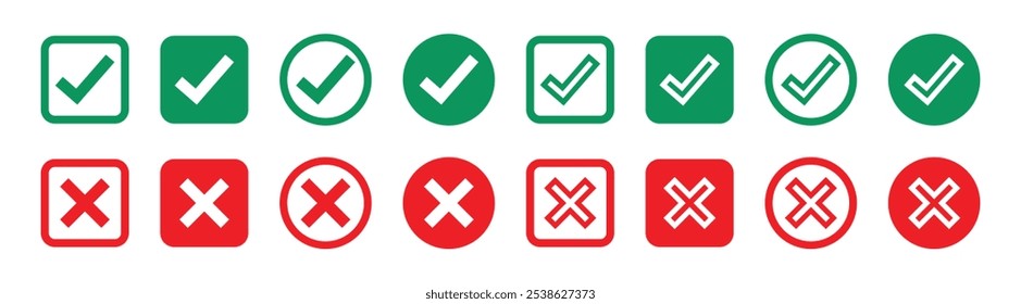 Green tick and red cross checkmarks. Right or wrong icons. Checkmark and x mark icon for apps and websites.